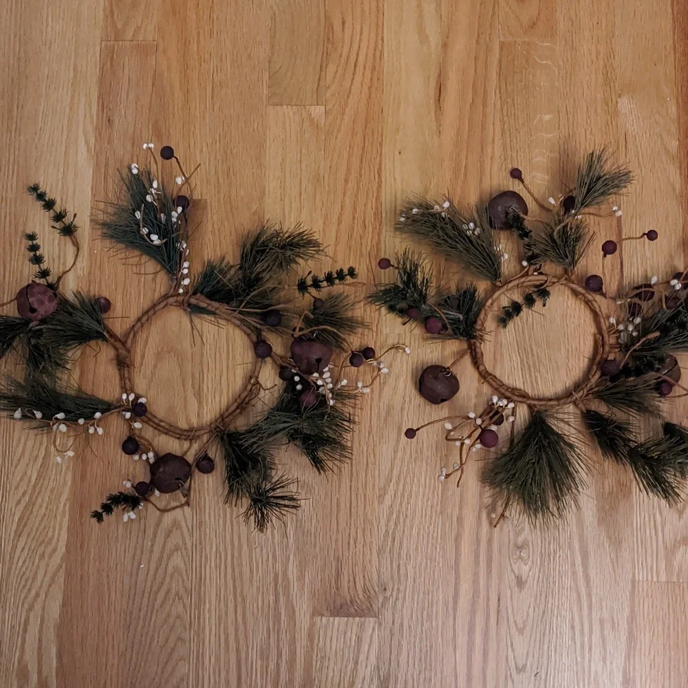 Rustic Candle Rings Evergreen Berries Bells Western Country Farmhouse Christmas